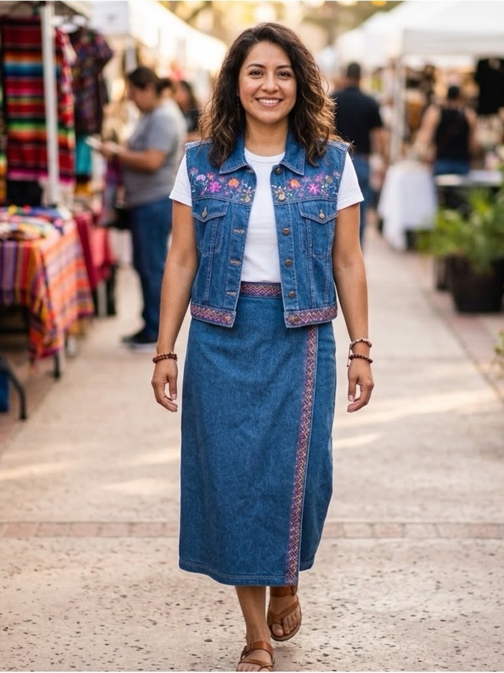 Rhythm Blue Women’s Embroidered Floral Denim Jacket Sz LgSkirt Maxi Set Size Med